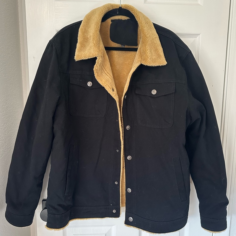 Men’s black denim brown fur jacket